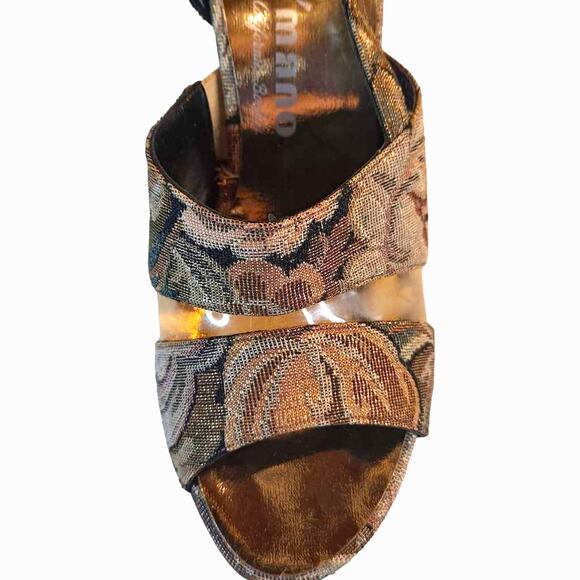 A’mano Women's Cut Out Heel Brown Vegan Floral Fabric Ankle Strap Mid 8 N New - Picture 2 of 11